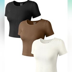 OQQ Women's Short Sleeve crop Tops - Black, Cream, and Brown